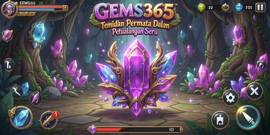 Tangkapan layar gameplay <strong>GEMS365</strong> dengan tampilan permata yang beragam dan lingkungan permainan yang menakjubkan.