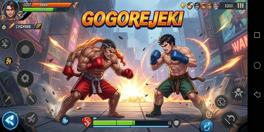 Screenshot GOGOREJEKI menampilkan aksi pertarungan yang intens dan karakter yang dinamis.