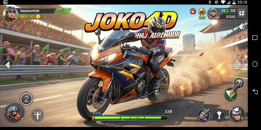 Screenshot gameplay JOKO4D menampilkan balapan motor yang mendebarkan dan trek yang beragam.
