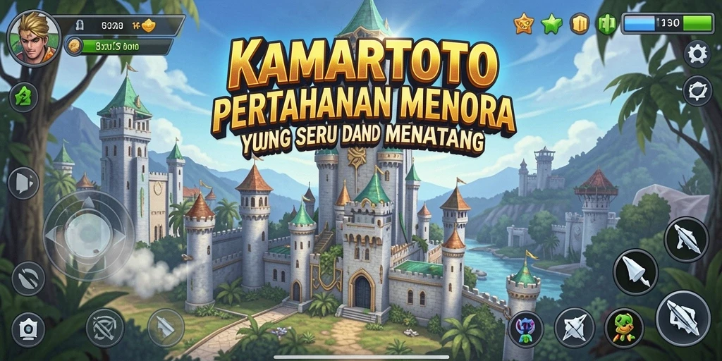 Tangkapan layar utama KAMARTOTO menampilkan aksi menara dalam menghadapi musuh.