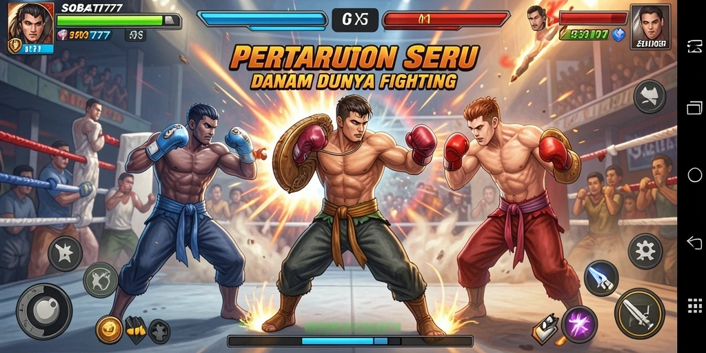 Tangkapan layar gameplay <strong>SOBAT777</strong> yang menampilkan serangan seru di arena pertarungan.