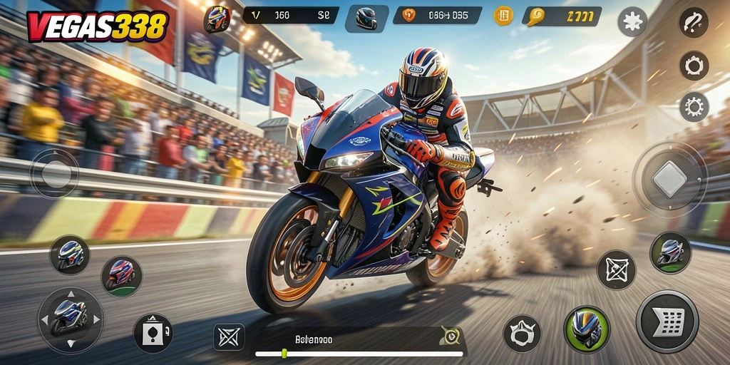 Screenshot gameplay VEGAS338 yang menampilkan balapan motor seru.